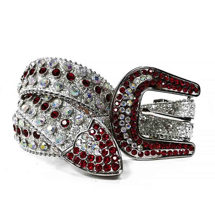 Silver Rhinestones Leather Belt White with Red for wholesale on Faire