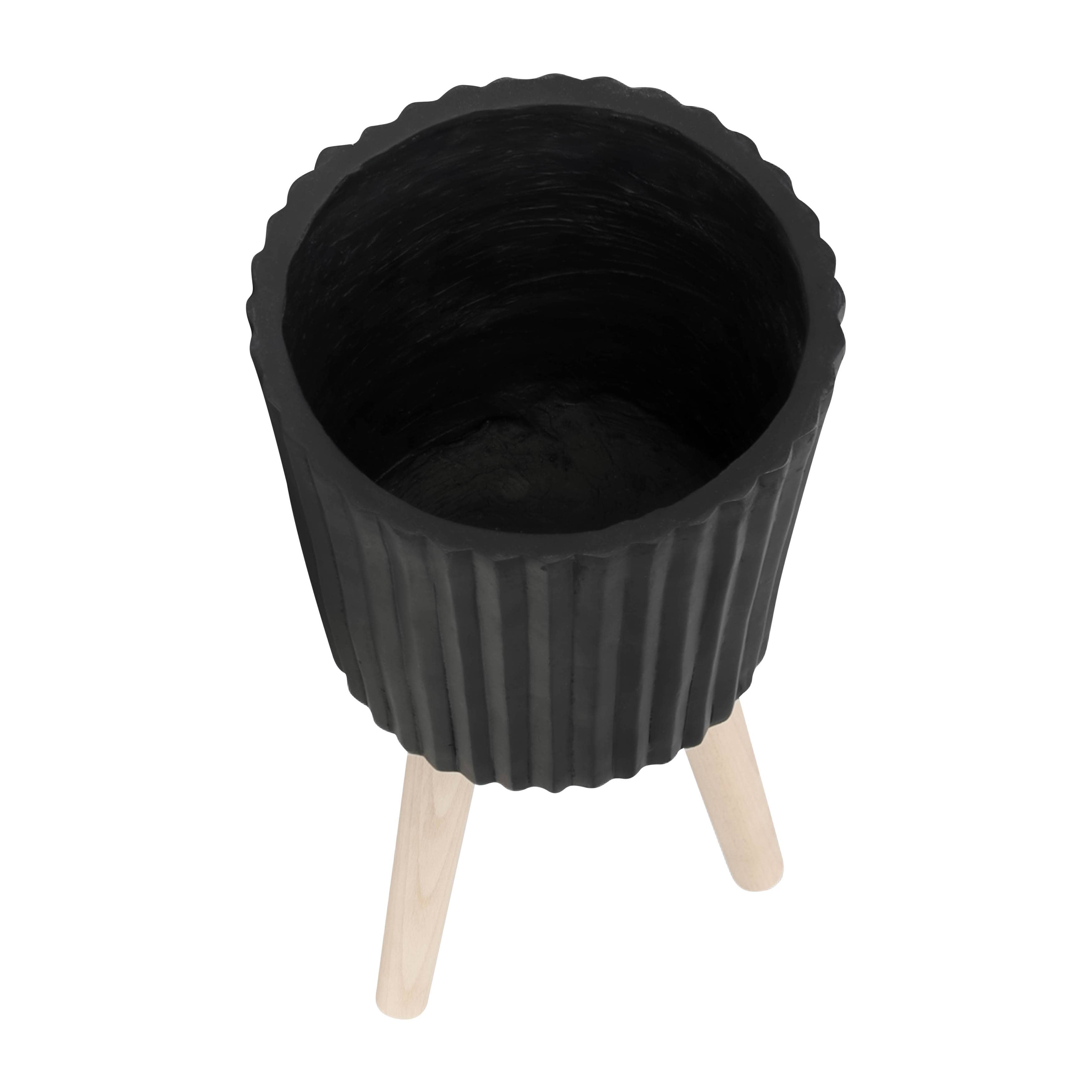 Sagebrook Home - Wholesale Plant Pot - Planters Set of 2 - Black Resin/Wood Legs Ridged, 10/12 in.7