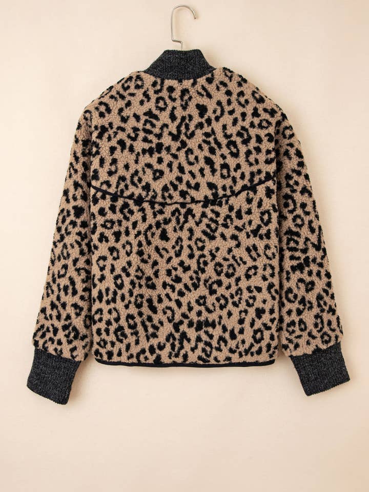 Khaki Leopard Zip-Up Side Pocket Jacket for wholesale on Faire9