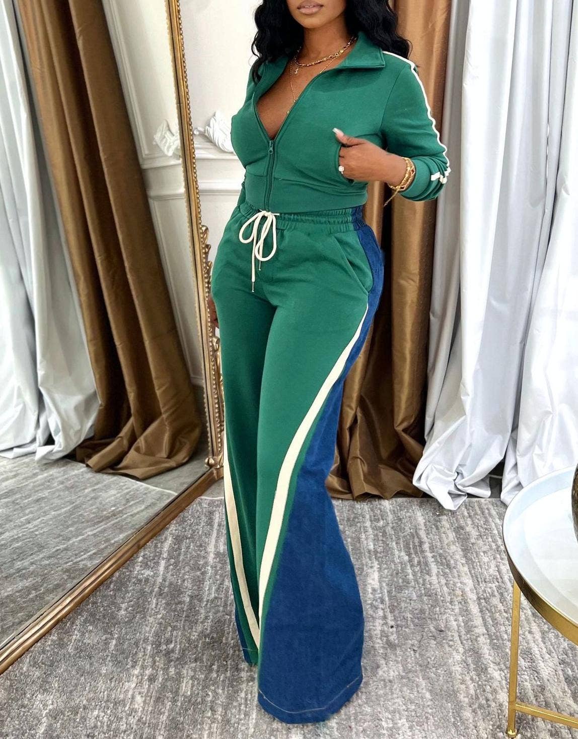 HIDDENBRAND - Wholesale Top & Pant Set (NOT Loungewear) - Women's - Long sleeves zip patchwork crop jacket pants set 2 pcs1