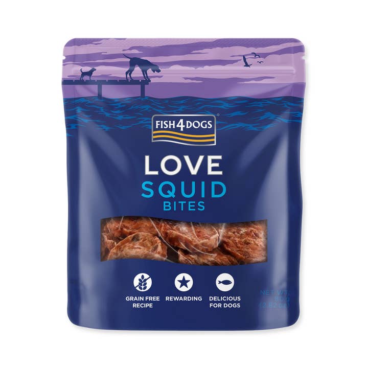 Fish4Dogs Love squid bites 80 g for wholesale by Lucky-Pet Handels- und Produktions GmbH