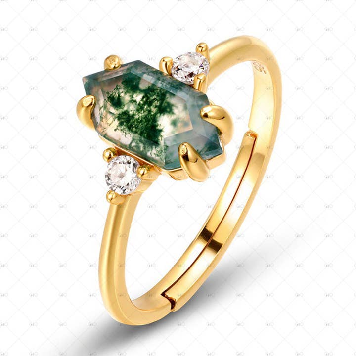 S925 Sterling Silver Hexagonal Moss Agate Ring for wholesale by Gioiellin - S925 Silver Jewelry