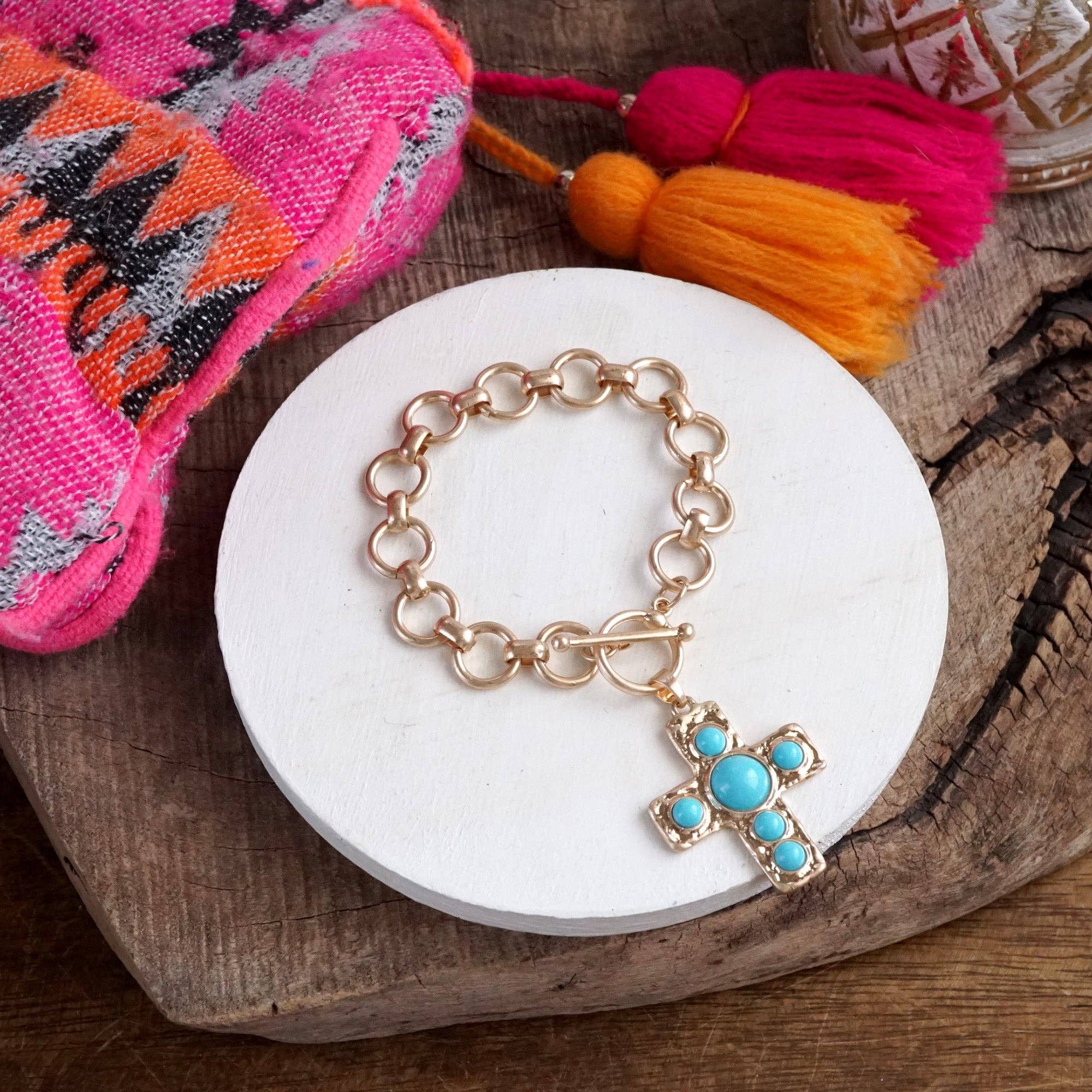 PennyLine inc - Wholesale Charm/Dangle Bracelet - Primitive Cross Chain Bracelet – Worn Gold with Turquoise or Pearl2