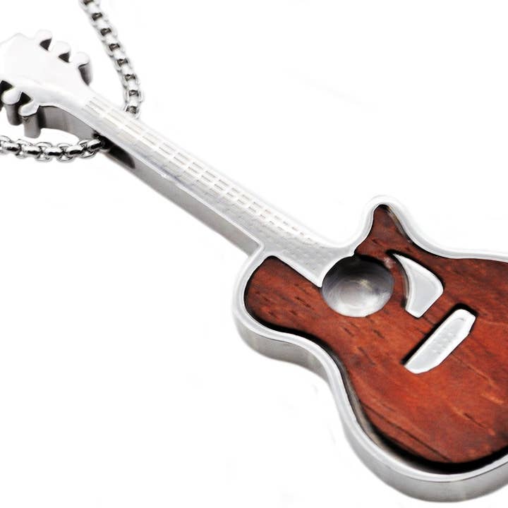 Men's Genuine Wood Stainless Steel Guitar Pendant With Chain for wholesale by Blackjack Mens Jewelry