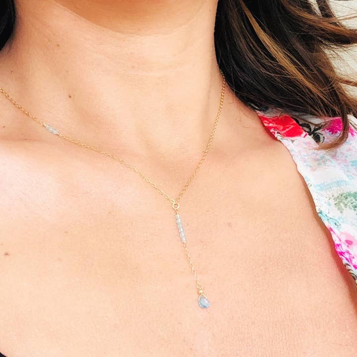Dainty Aquamarine Necklace, Y Chain with Aquamarine, March Birthstone, Jewelry Gifts for Women for wholesale by SEQAY