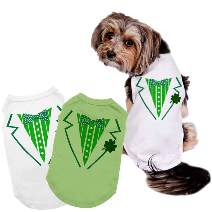 Camiseta para mascotas con esmoquin de trébol de la suerte de San Patricio - 2 colores para venta al por mayor de House of FurBaby