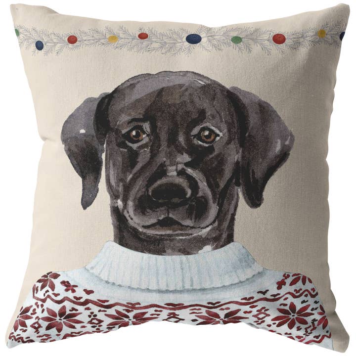 Black Lab Holiday Decor | Christmas Throw Pillow | Labrador Retriever Home Decor for the Holidays for wholesale by The Creative Pioneer