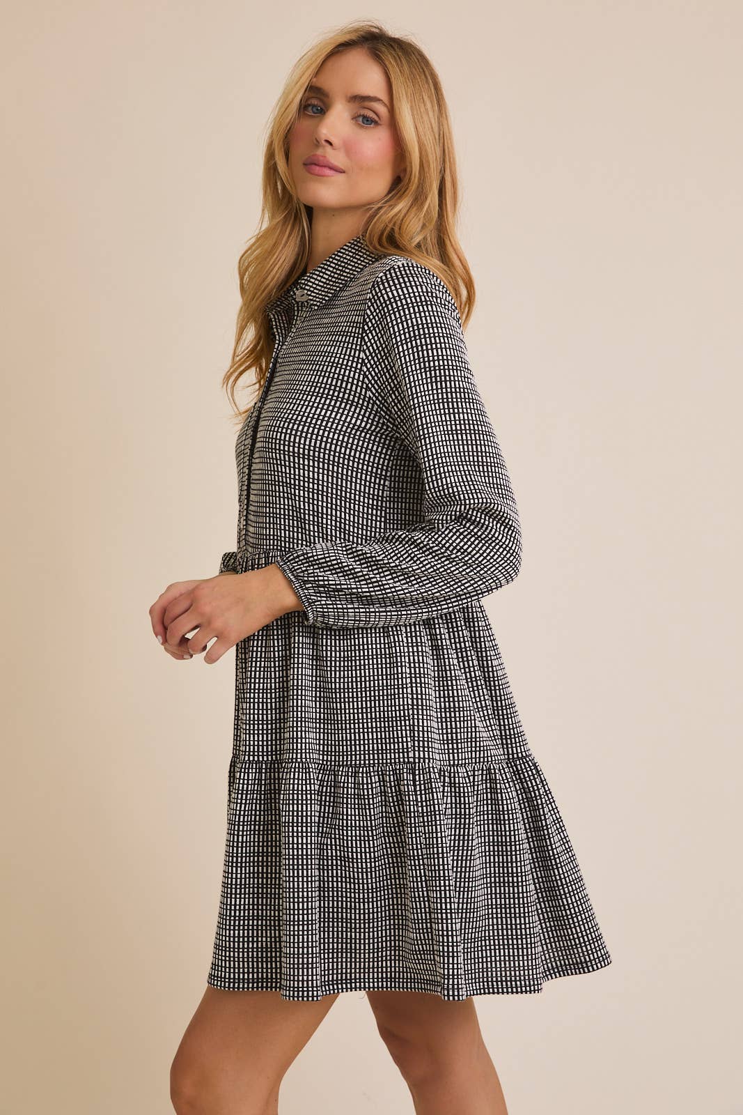 COLLAR LONG SLEEVE BUTTON UP GINGHAM MINI DRESS for wholesale on Faire1