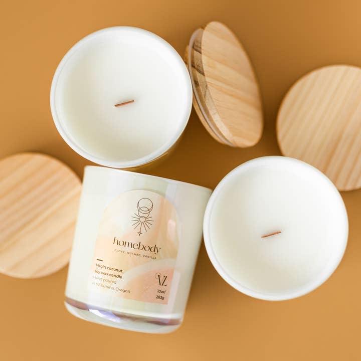 Homebody | creamy cinnamon vanilla wooden wick luxury candle for wholesale by Vincent Land Candle Co.