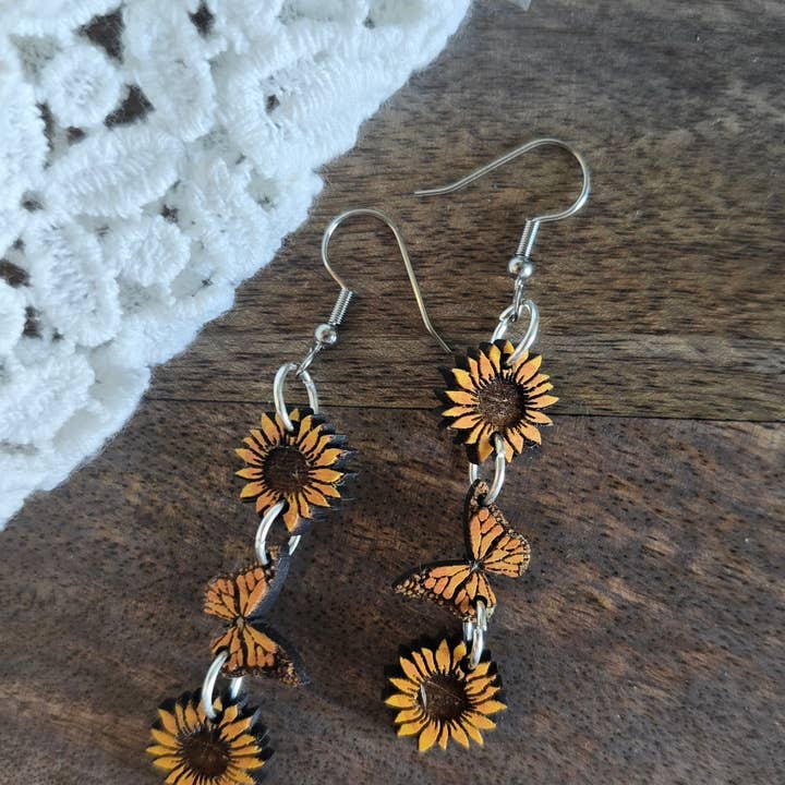 Silver Birch Designs Jewelry - Wholesale Dangle Earrings - Sunflower Monarch Butterfly Maple Earrings/ Hypoallergenic2