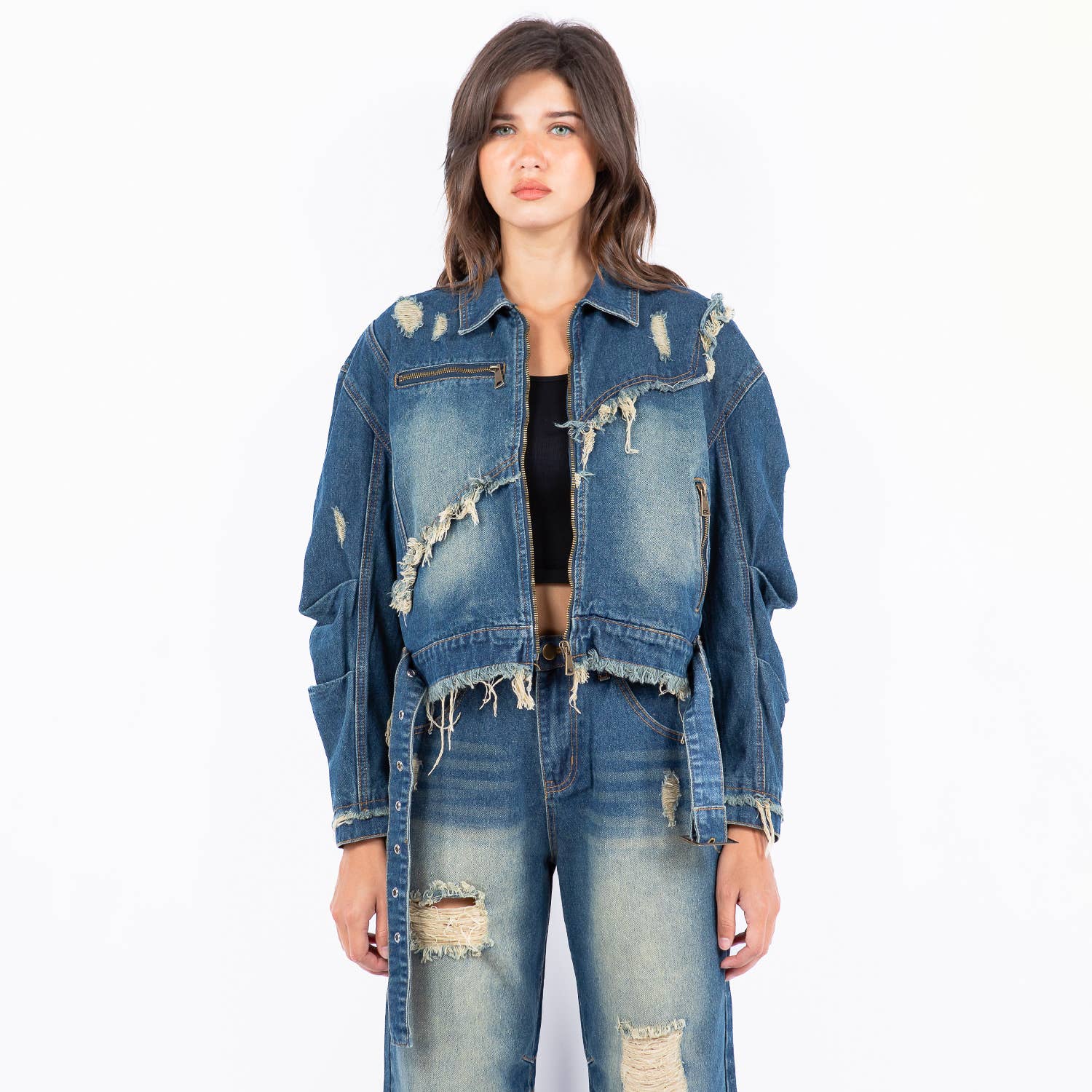 American Bazi – wholesale Jeansjackor – Dam – PLUS STORLEK SLITEN KANT LAPPTÄCKE JEANSJACKOR-RJK9468P