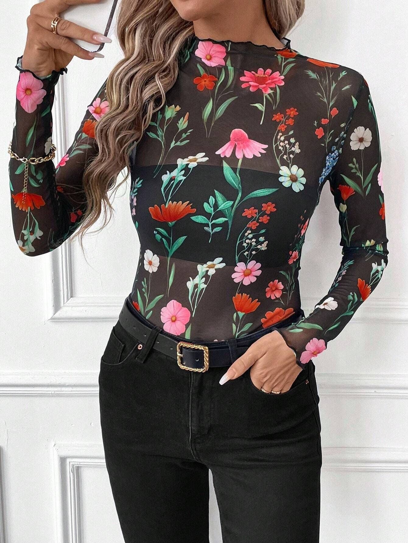 EmberLoom – wholesale Blouse – Women’s – Ruffle Detail Stretch Leopard Print Mesh Long Sleeve Top8