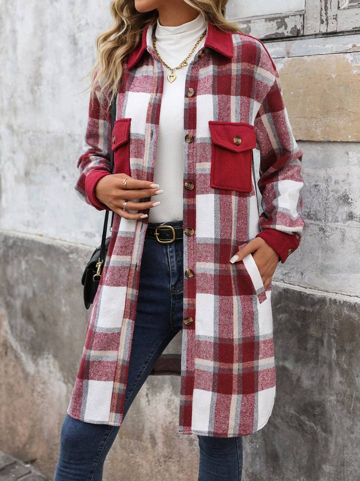 Suhkasana - Wholesale Shirt Jacket/Shacket - Women's - Plaid Shirt Jacket for Women - Long Button Front Coat7