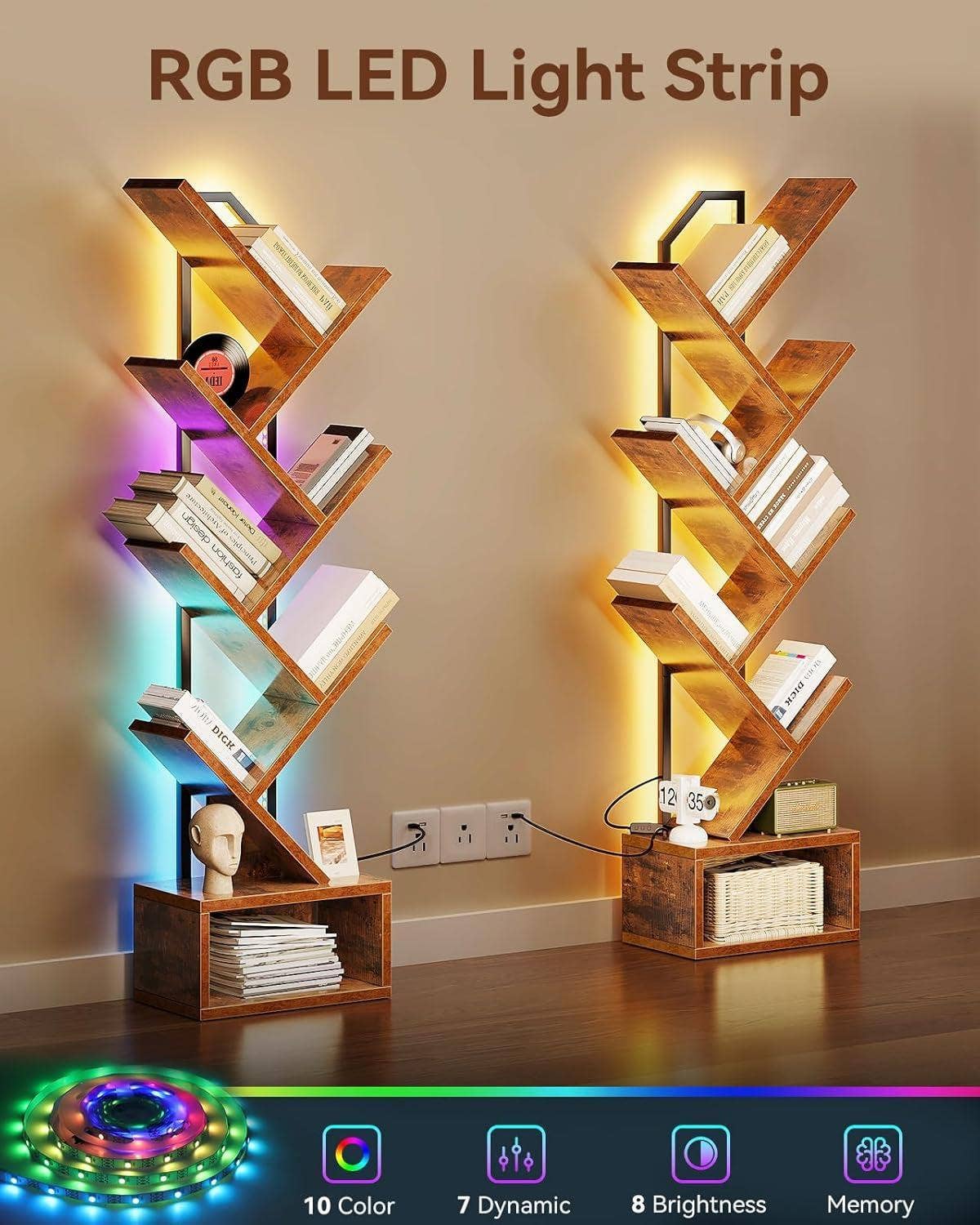 Vintage Six Tier Tree Bookshelf With LED Lights Narrow Floorstanding for wholesale on Faire5