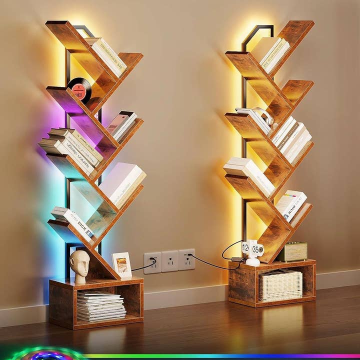 Vintage Six Tier Tree Bookshelf With LED Lights Narrow Floorstanding for wholesale on Faire5