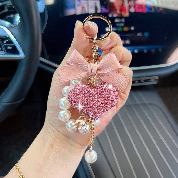 Pearl Bow Heart Keychain With Crystal Accents for wholesale by UZ Wholesale Store