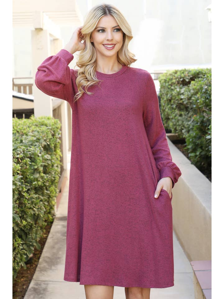 You & Me - Wholesale Dress - Women's - YMD10063V-PUFF LONG SLEEVE HACCI BRUSHED DRESS31