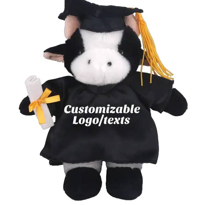 8″ Personalized Graduation Cow Plush in Custom Cap & Gown for wholesale by Plushland