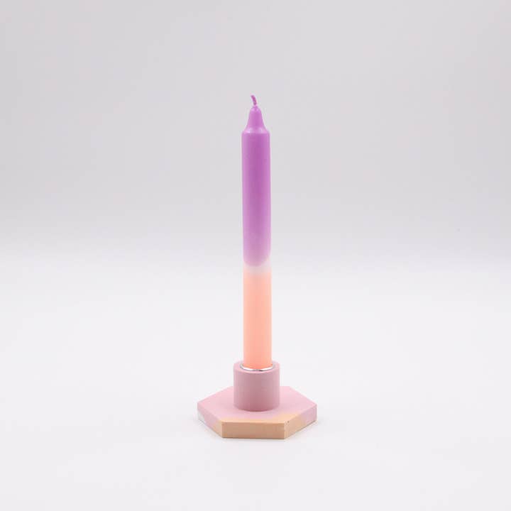 Håndlavet sekskantet lysestage i orange og lilla solnedgang for engroshandel hos Sounds like Yellow