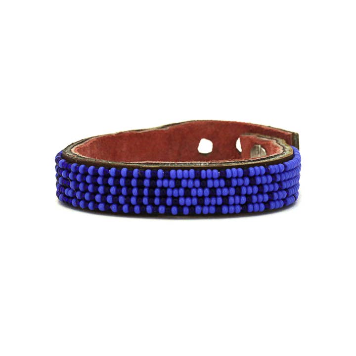 Small Dark Blue and Ocean Blue Ombre Leather Cuff for wholesale by Swahili Coast