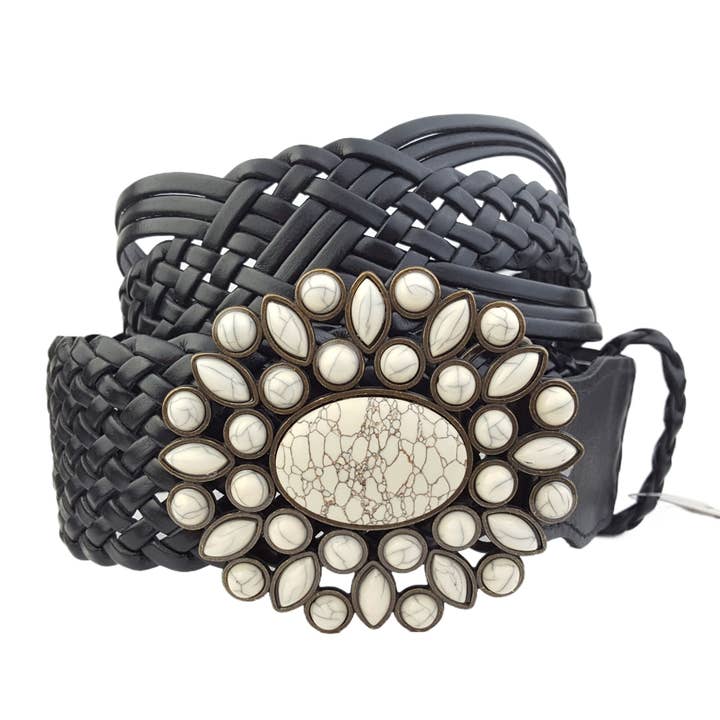 Axesoria West - Wholesale Belt – Women's - Hand Braided Leather Belt with Turquoise Style Buckle brass9