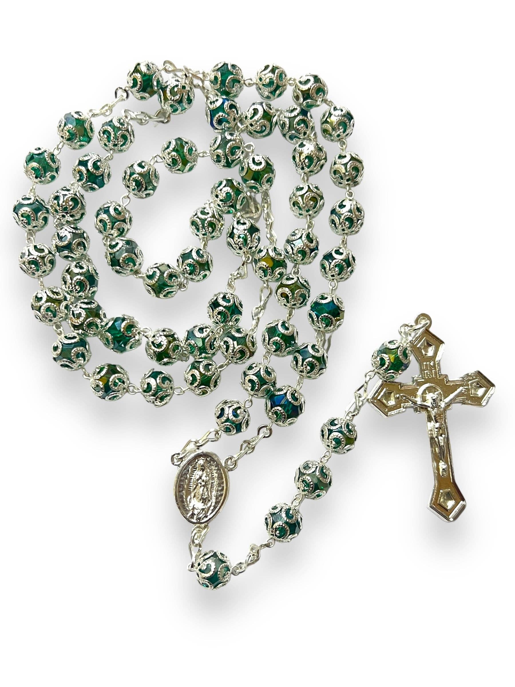 SAN JUDITAS RELIGIOUS ARTICLES – Colar de contas de oração por atacado – TERÇO COM CRISTAL: VERDE ESMERALDA - NOSSA SENHORA DE GUADALUPE/SAGRADO CORAÇÃO0