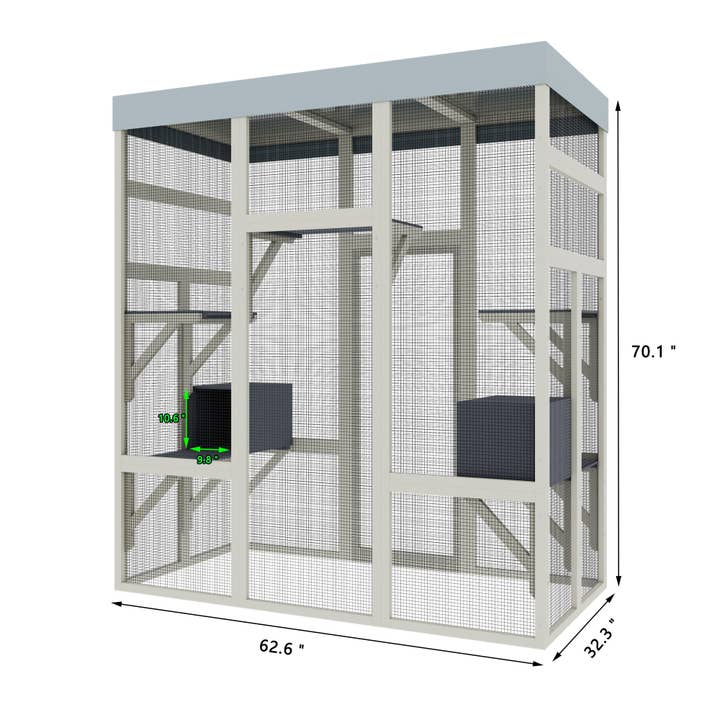 39F Inc. - Wholesale Pet Carrier - Cat/Dog - 62.6' Gray Wooden Catio Outdoor Pet Enclosure with Waterproof Top, Spacious and Secure Cat House & Small Animal Cage, Black Rust-proof Metal Wire