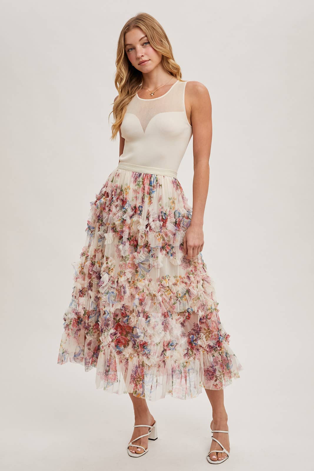 Bluivy - Wholesale Skirt - Women's - FLORAL RUFFLED MESH MIDI SKIRT6