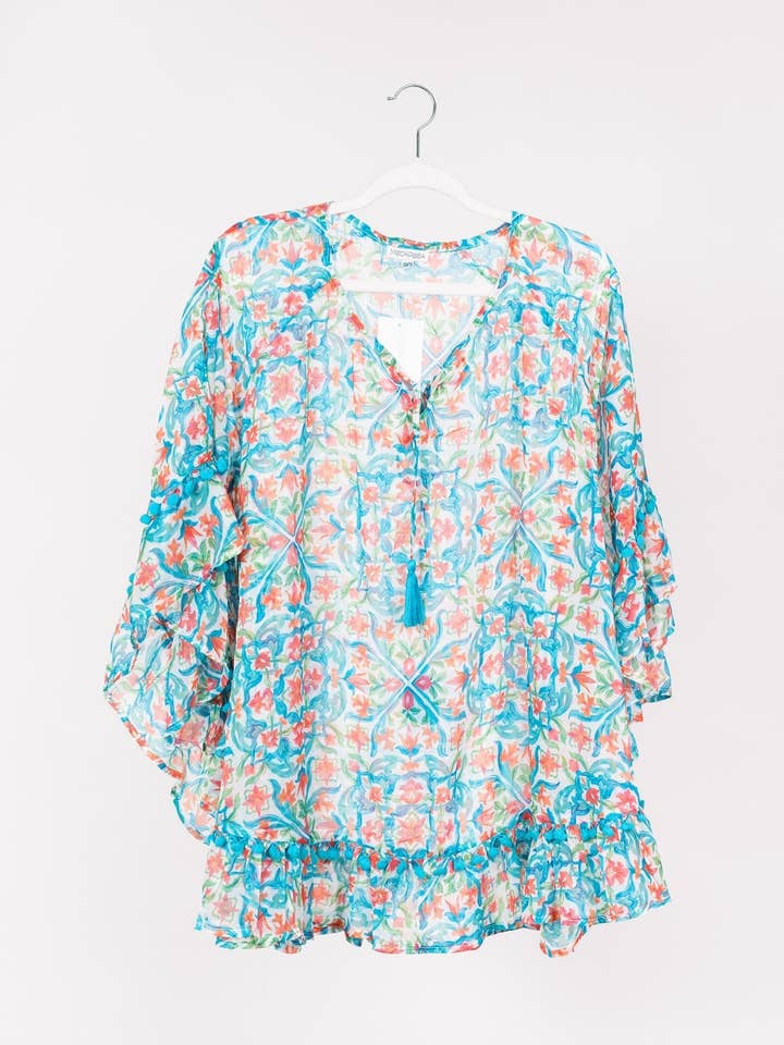 Cinzia Tunika Garden Majolika, Weiß, mehrfarbig, Frühling, Sommer für den Großhandel von ModaPosa