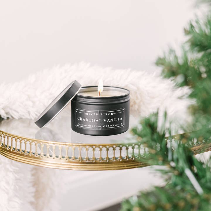 River Birch Candles - Wholesale Travel Candles - 8oz Charcoal Vanilla - Black Tin Soy Candle4