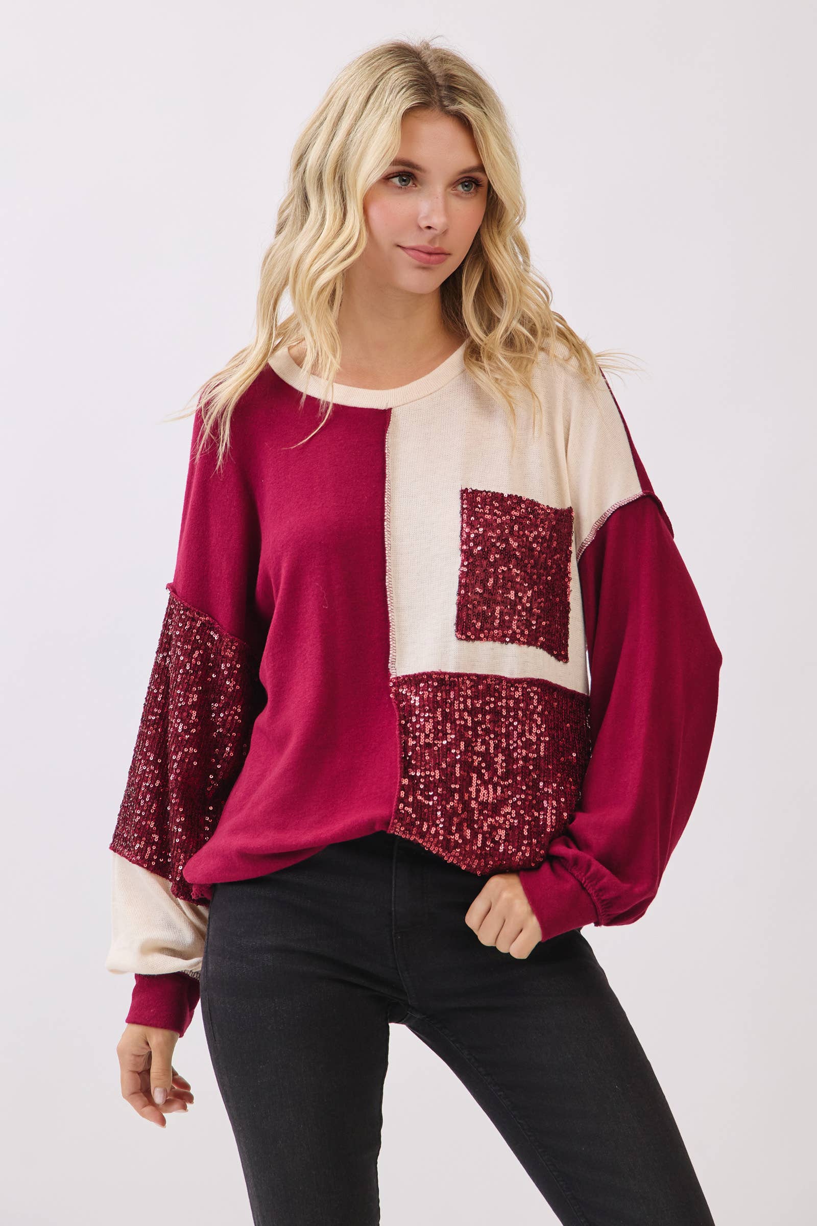 7th Ray – Sweatshirt - Mulher por atacado – Top de Manga Comprida com Bolso Patchwork de Lantejoulas T60606