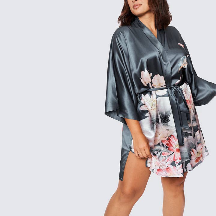 night shadow Washable Silk Lotus Short Kimono Robe (Plus Size) for wholesale on Faire
