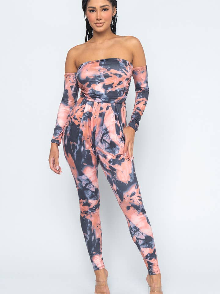 Fersken Slipsfarve Off Skulder Langærmet Jumpsuit Med Lommer for engroshandel hos lasalle fashion llc