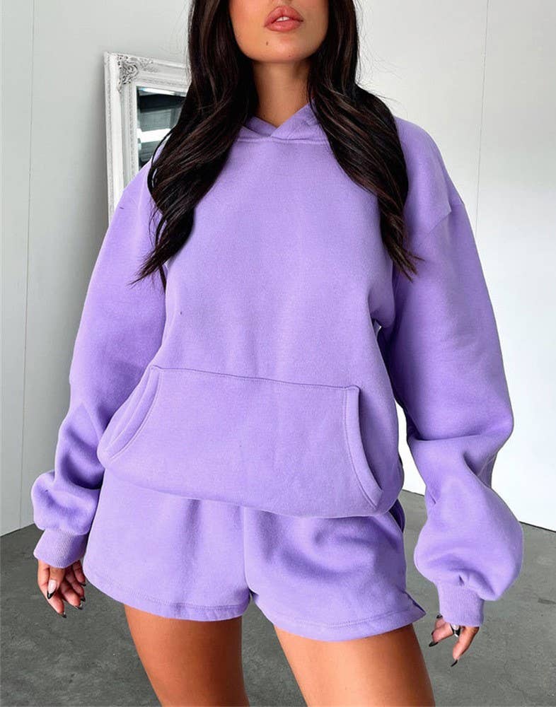 HIDDENBRAND - Wholesale Lounge Set - Women's - basic pocket hoodie &  drawstring short set outfits20