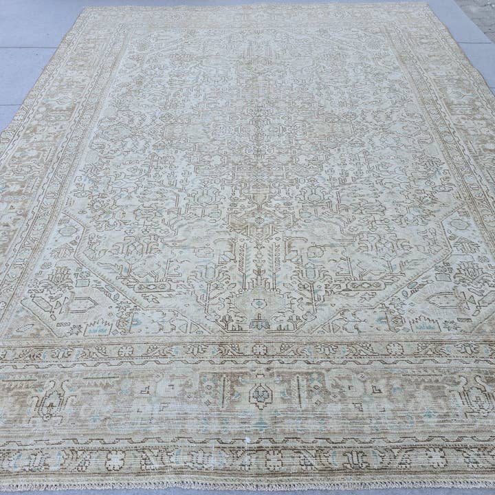 9x12 Wool Area Rug/ Hand Knotted Neutral Oushak Rug for Livingroom and Office/ Authentic Faded Vintage Rug/ Aesthetic Bedroom Rug/ Beige Rug for wholesale by MesopotamiaRugs