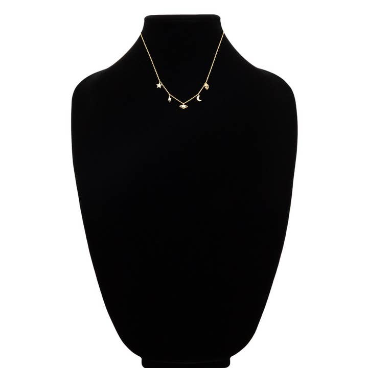 Gold GD Brass Space and Planet Multi Charms Necklace for wholesale on Faire