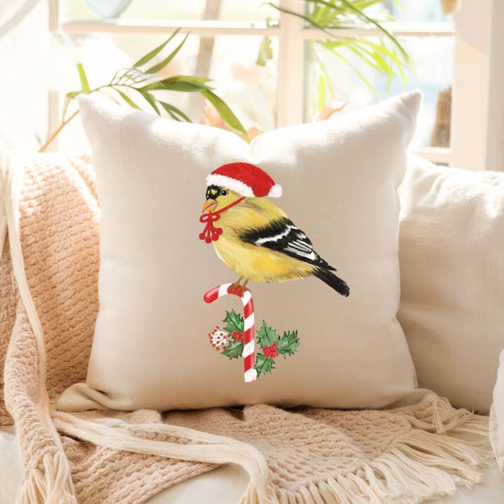 Festive Goldfinch Pillow - Cheerful Christmas Home Decor for wholesale by MerikaArt