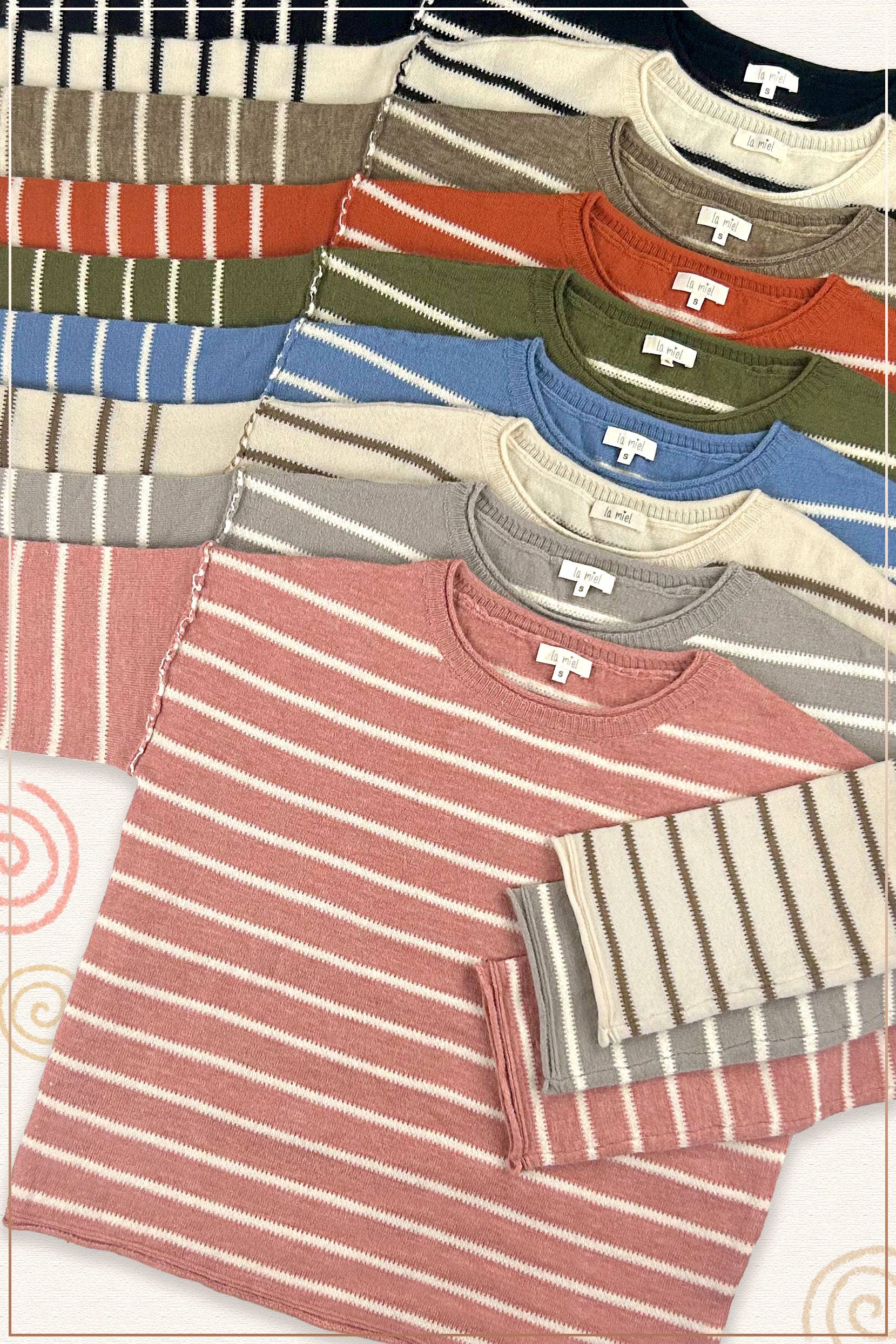 La Miel - Wholesale Knit Sweater - Women's - MCS3588-Striped Round Neck Loose Fit Long Sleeve Sweater25