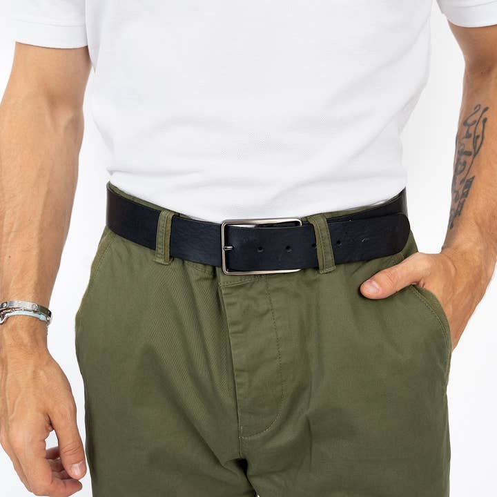 OTELLO navy blue leather belt for wholesale by MONSIEUR CHARLI