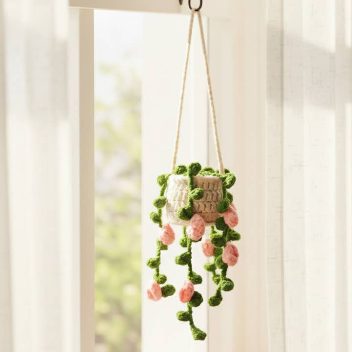 Handmade By Uruba - Vente Breloque décorative pour voiture – unisexe - Charme de Voiture en Crochet Floral – Mini Pot de Plante Suspendu2
