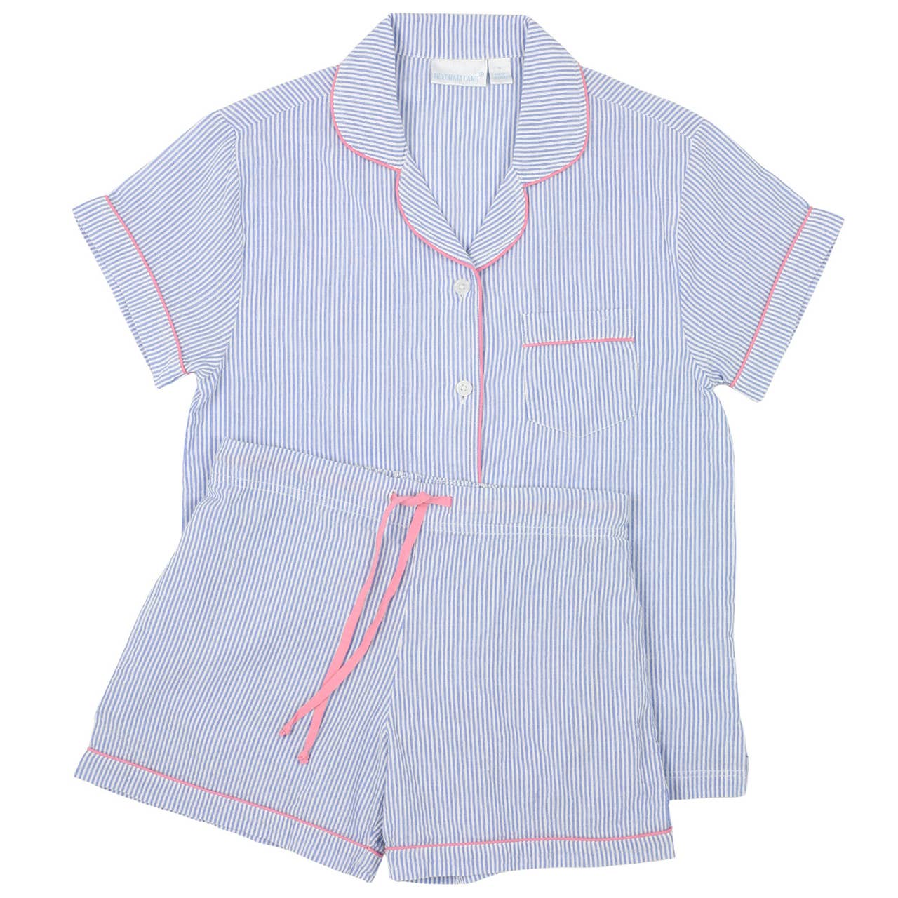Needham Lane - Wholesale Sleepwear Set - Women's - Blue Seersucker-Pink Short Sleeve Shorty Pajamas 2