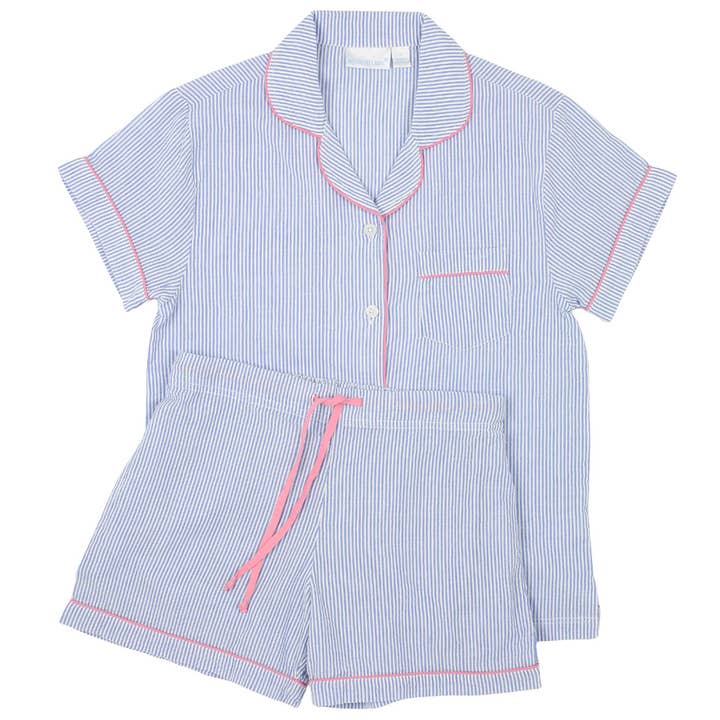 Needham Lane - Wholesale Sleepwear Set - Women's - Blue Seersucker-Pink Short Sleeve Shorty Pajamas 2