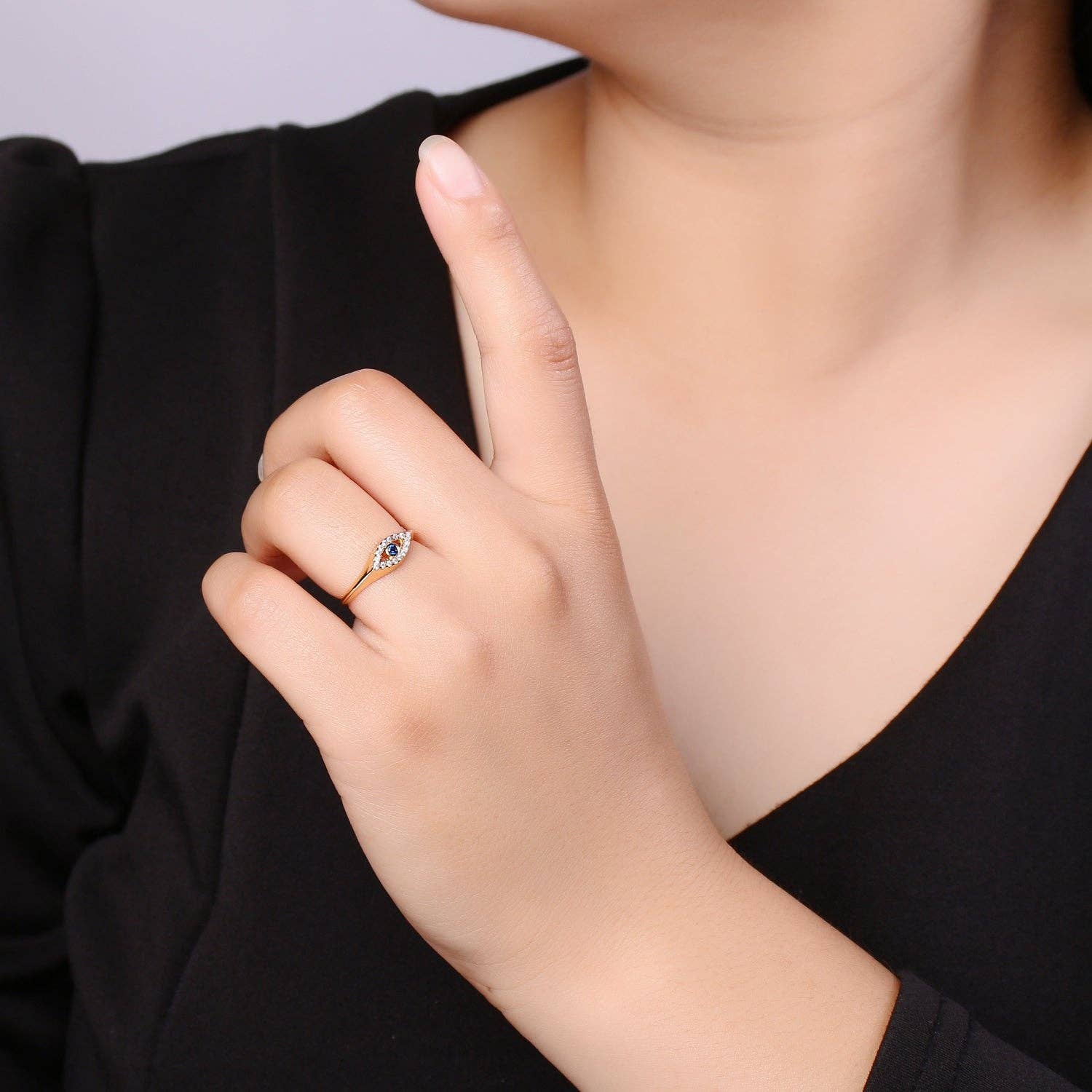 Aim Eternal – wholesale Solitairering – 1st blå Solitaire CZ 14K guldring, onda ögat justerbar guld öppen ring, enkel ring, klar cubic zirconia ring-R-4913