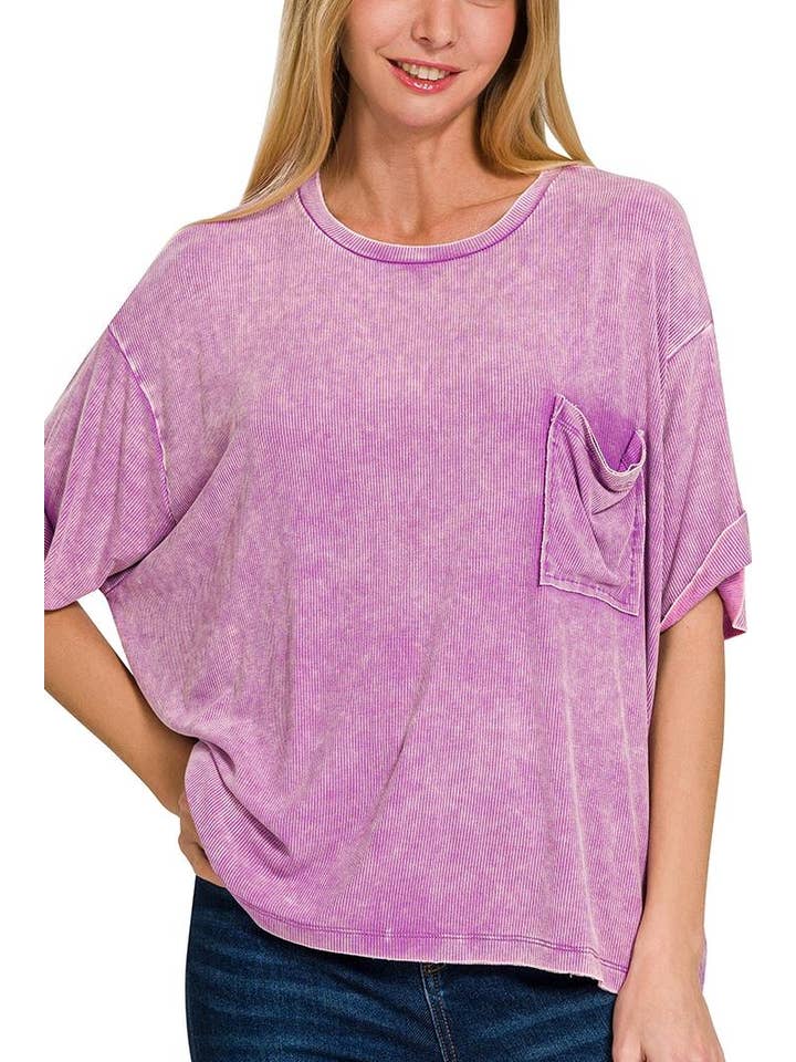 Vanilla Monkey - Wholesale Knit Top - Women's - Washed Ribbed Cuffed Short Sleeve Round Neck Top