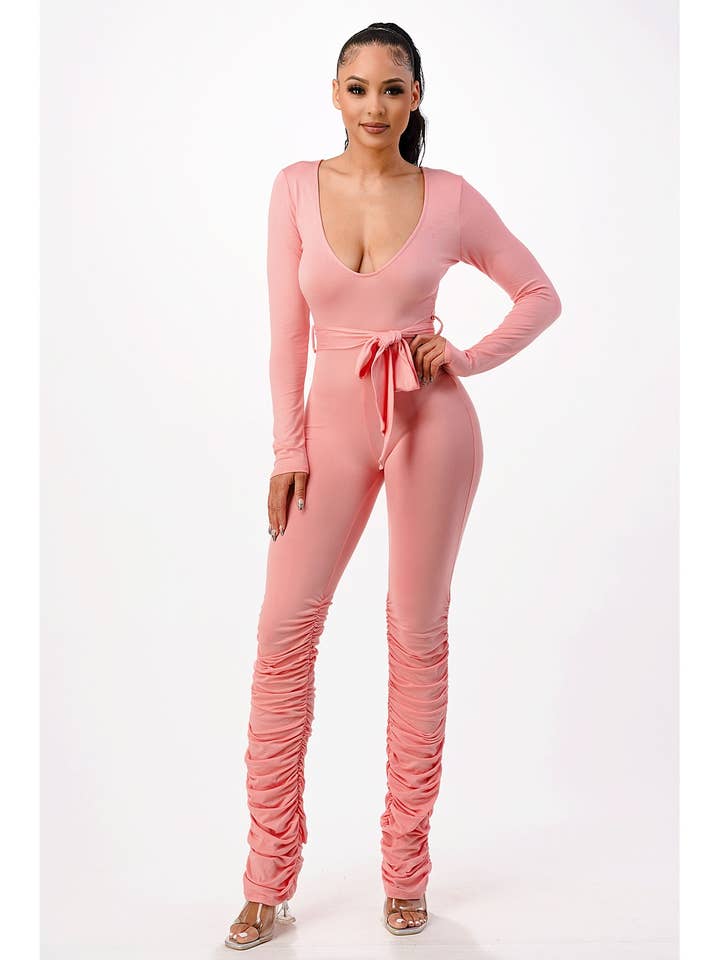 Ruched V-Neck Jumpsuit with Tie Waist for wholesale by Lime All the Time