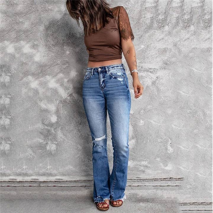 Jeans de cintura alta e retro elástico com ajuste fino e desajustado por atacado de kycozy