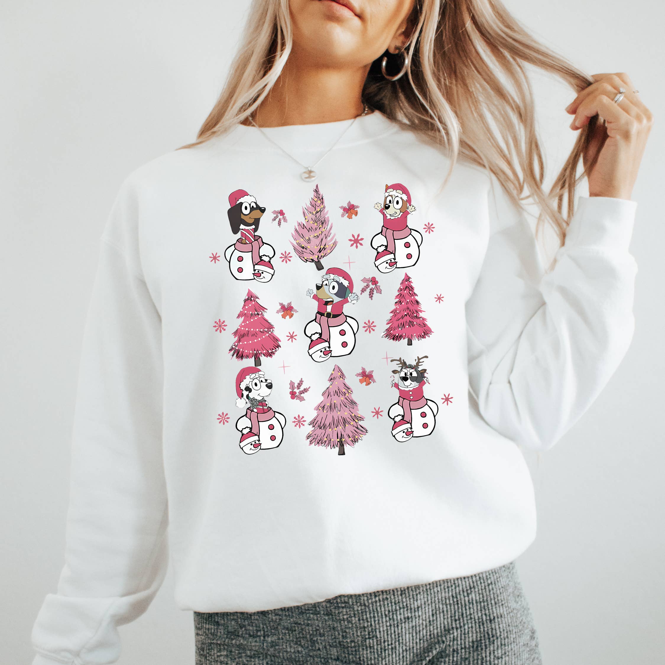 The Boho Haus - Wholesale Graphic Sweatshirt - Unisex - Snow Pals & Pink Trees Sweatshirt – Holiday Cute
