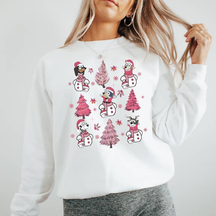 The Boho Haus - Wholesale Graphic Sweatshirt - Unisex - Snow Pals & Pink Trees Sweatshirt – Holiday Cute0