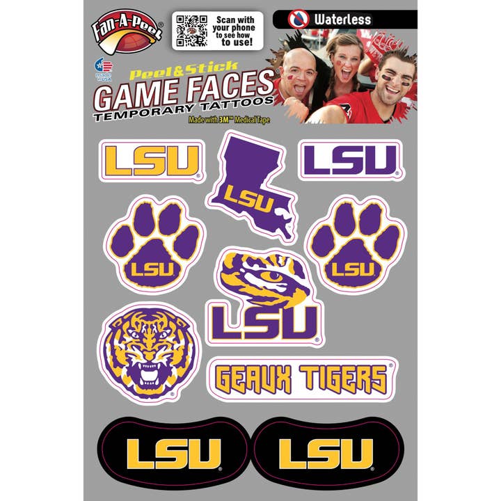 LSU Game Faces® Temporary Tattoos for wholesale by Fanapeel / Gamefaces