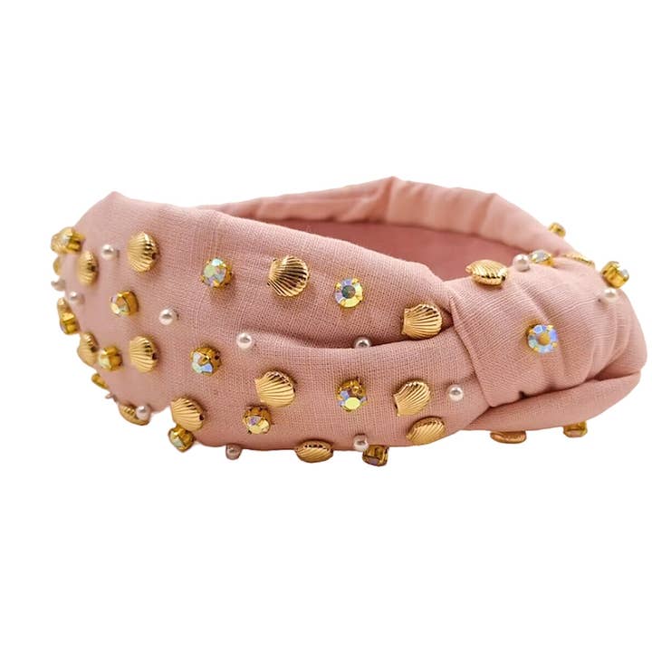 Bandeau en lin à nœud orné de coquillages pour la vente par BOHEMIAN GEMME
